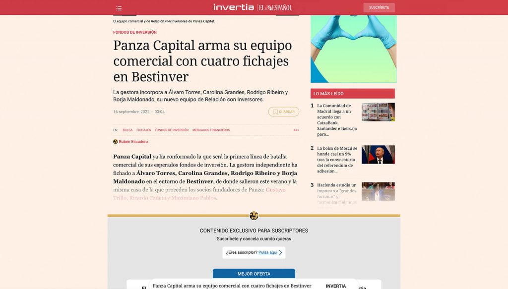 Panza Capital arma su equipo comercial con cuatro fichajes en Bestinver